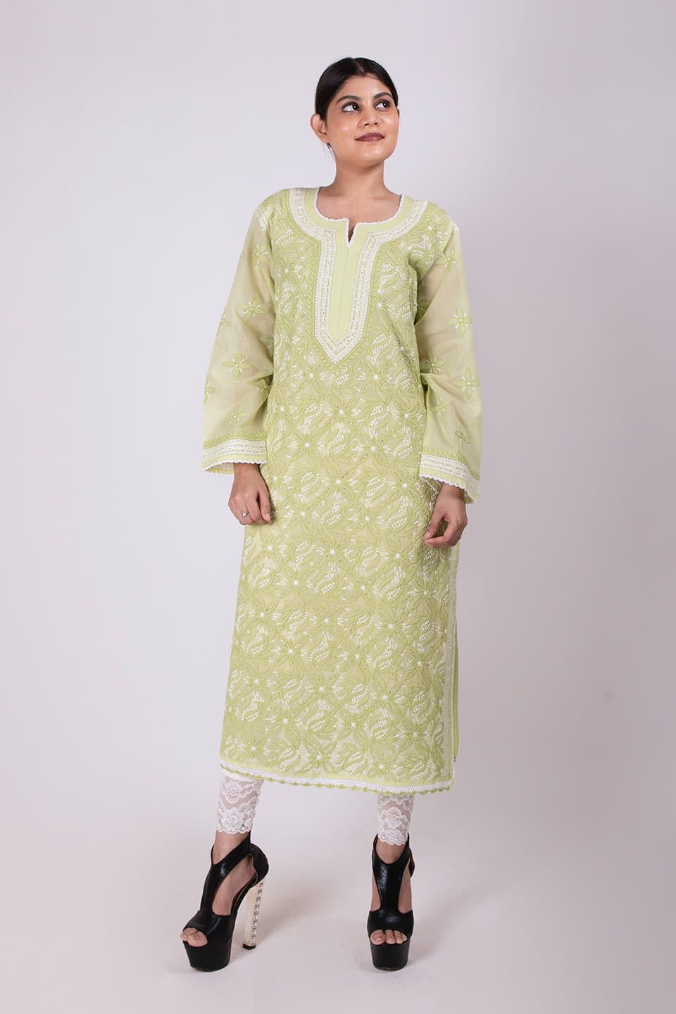 Lucknow Chikan Emporium Hand Chikankari Lucknowi Kurti (Leaf Green Color) 