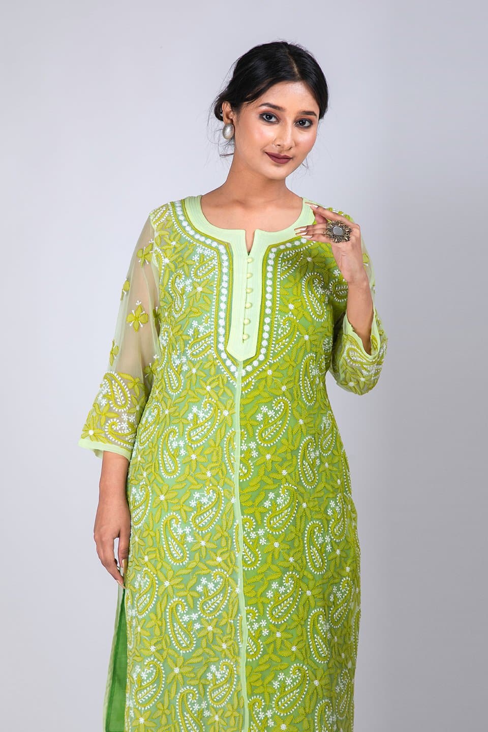Lucknow Chikan Emporium Hand Chikankari Lucknowi Kurti (Leaf Green Color) 