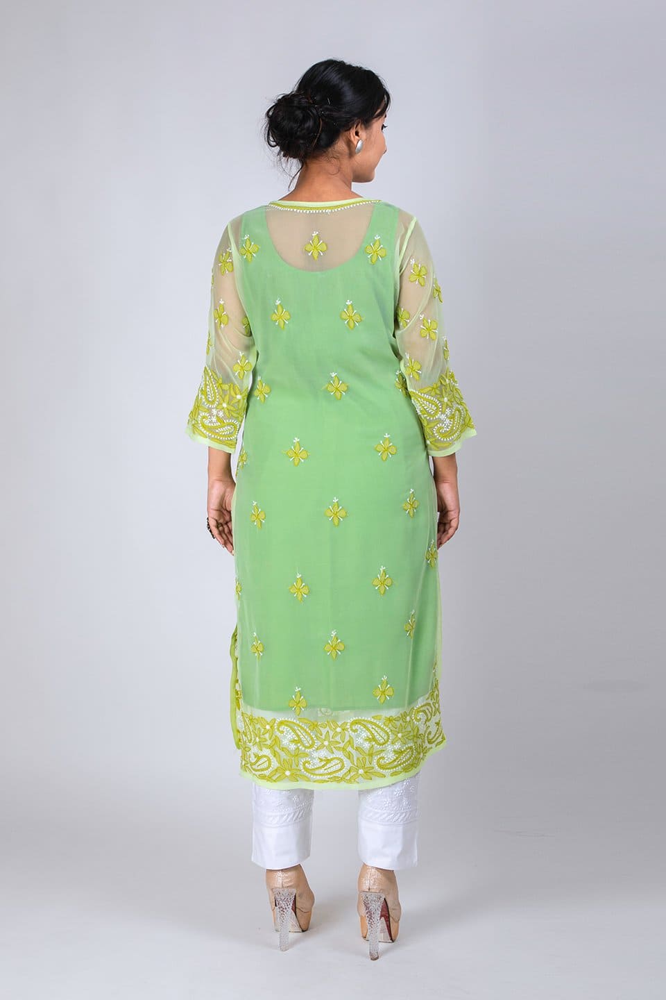 Lucknow Chikan Emporium Hand Chikankari Lucknowi Kurti (Leaf Green Color) 