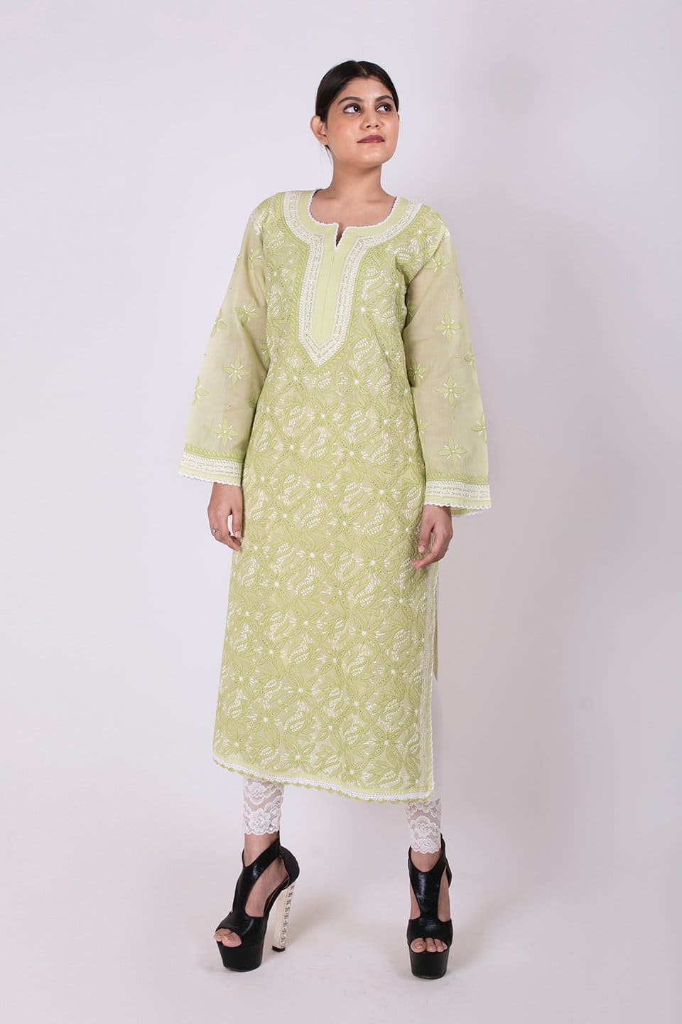 Lucknow Chikan Emporium Hand Chikankari Lucknowi Kurti (Leaf Green Color) 