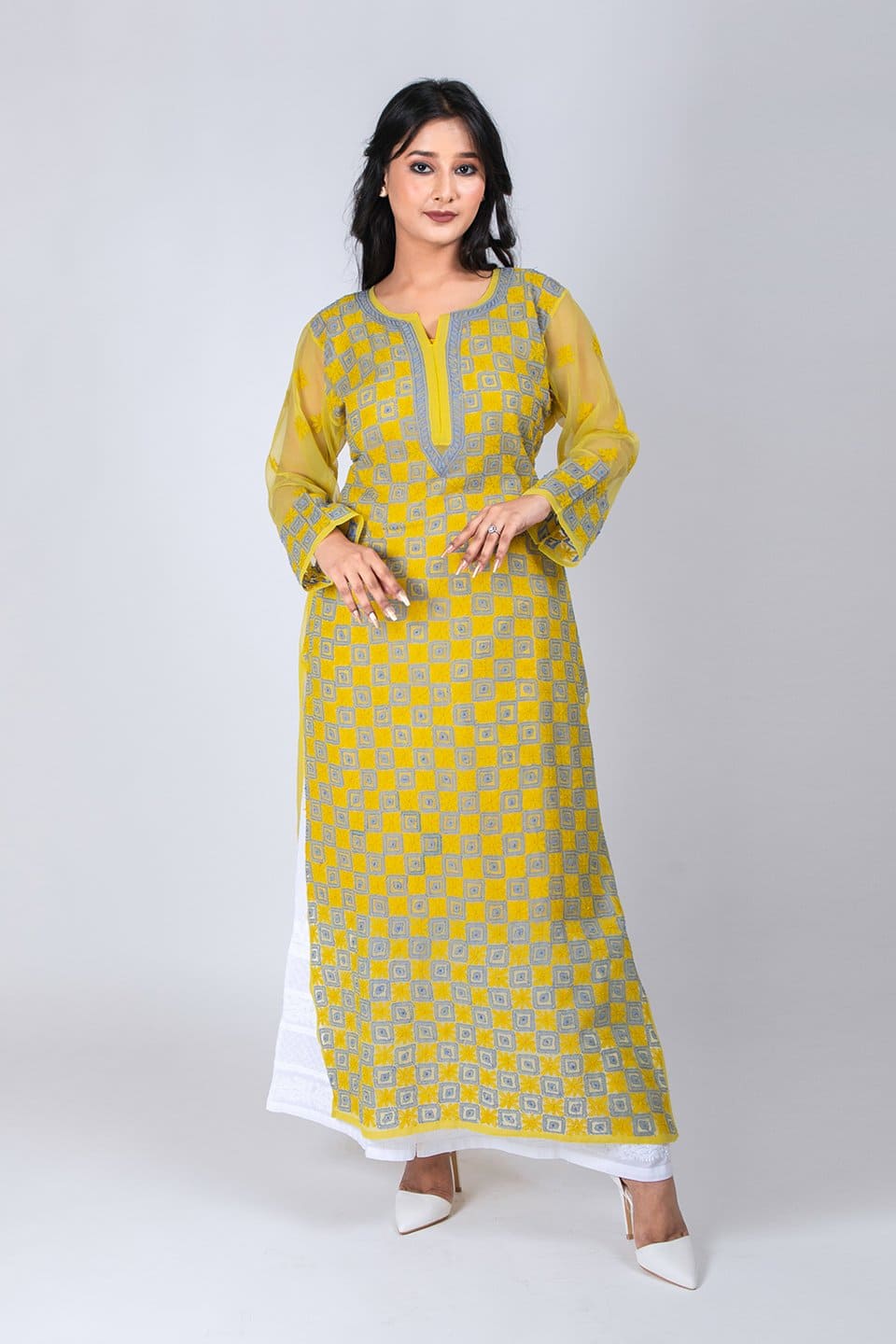 Lucknow Chikan Emporium Hand Chikankari Lucknowi Kurti (Lemon Color) 