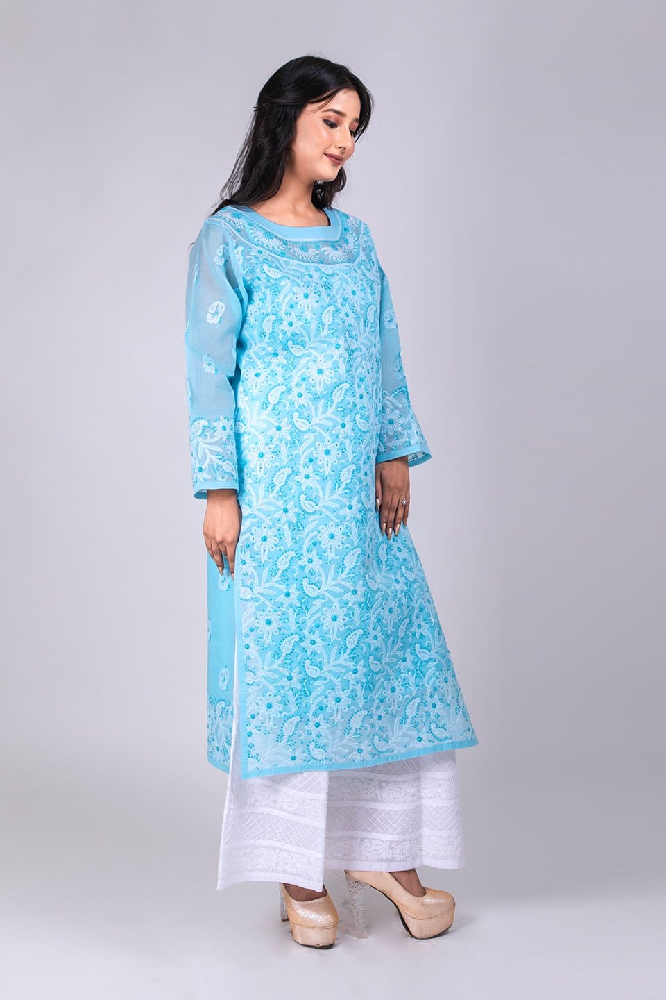 Lucknow Chikan Emporium Hand Chikankari Lucknowi Kurti (Light Blue Color) 