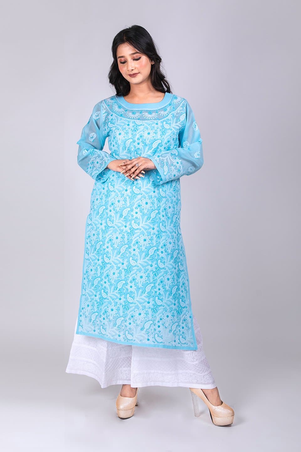 Lucknow Chikan Emporium Hand Chikankari Lucknowi Kurti (Light Blue Color) 