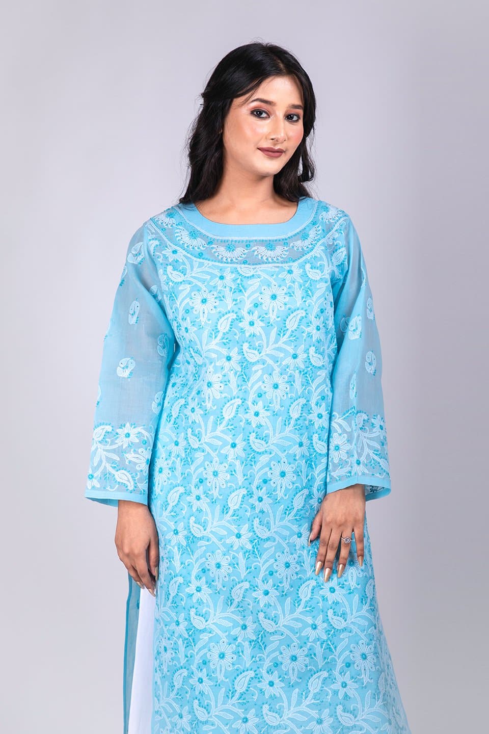 Lucknow Chikan Emporium Hand Chikankari Lucknowi Kurti (Light Blue Color) 