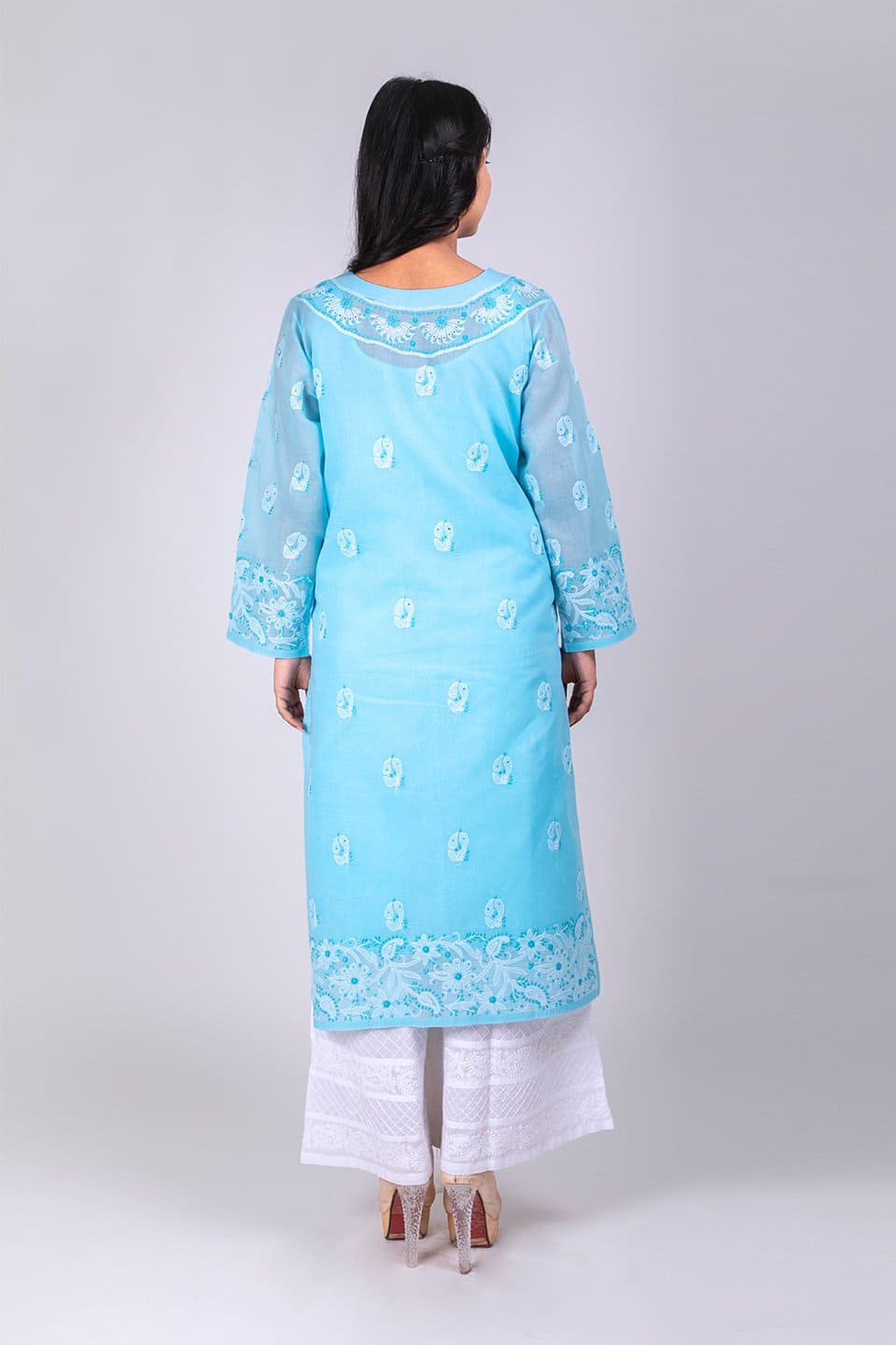 Lucknow Chikan Emporium Hand Chikankari Lucknowi Kurti (Light Blue Color) 