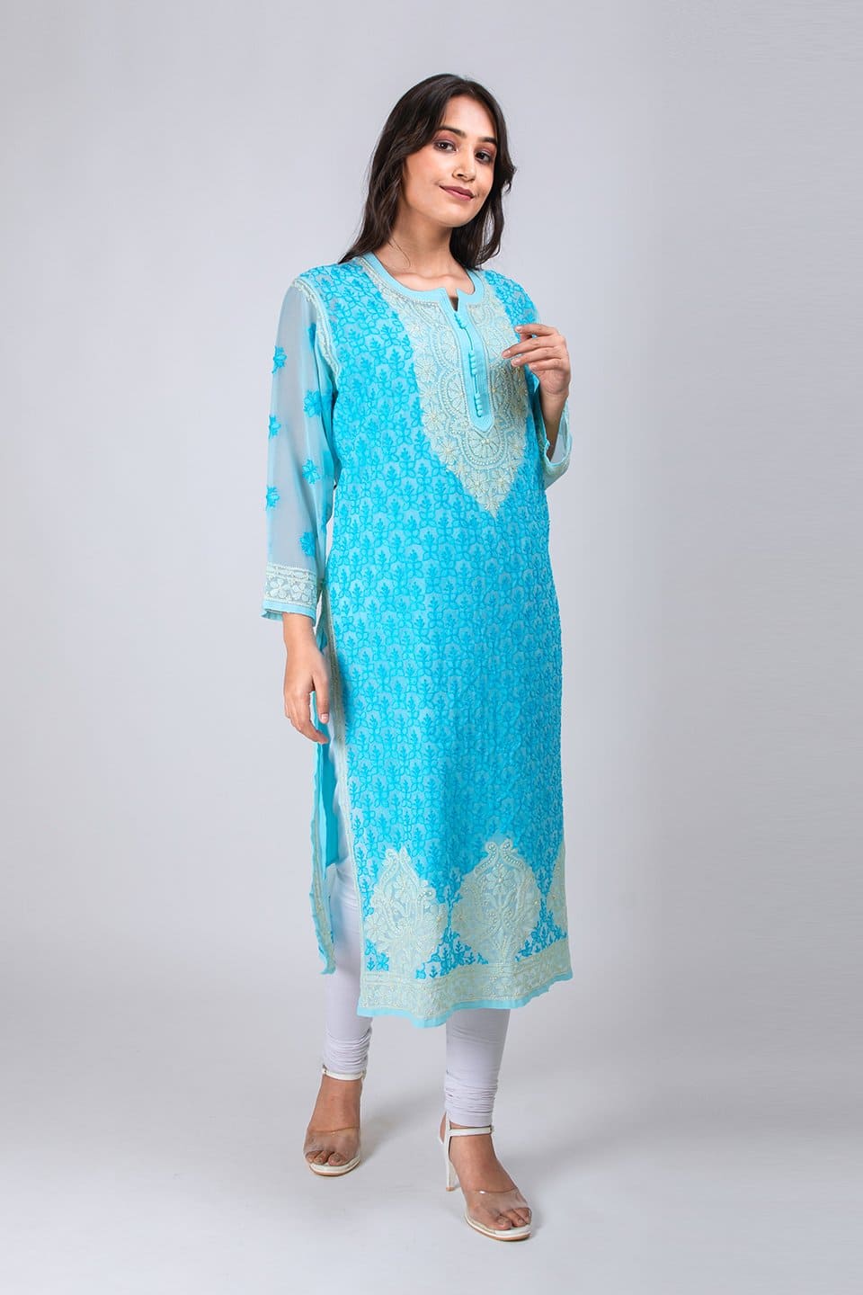 Lucknow Chikan Emporium Hand Chikankari Lucknowi Kurti (Light Ferozi Color) 