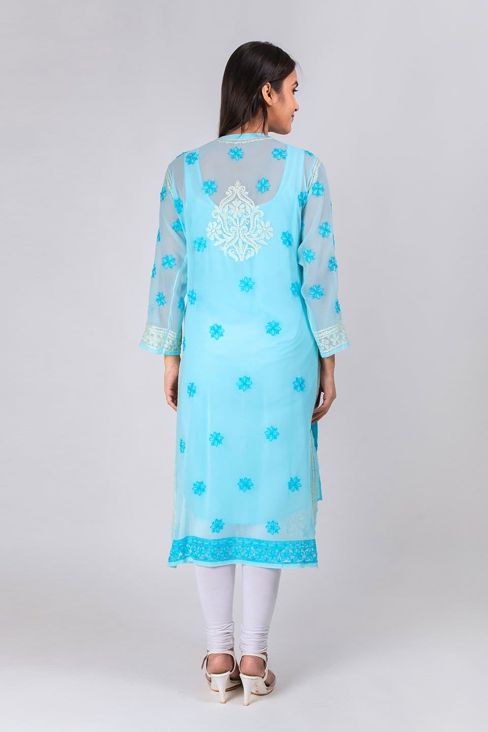 Lucknow Chikan Emporium Hand Chikankari Lucknowi Kurti (Light Ferozi Color) 