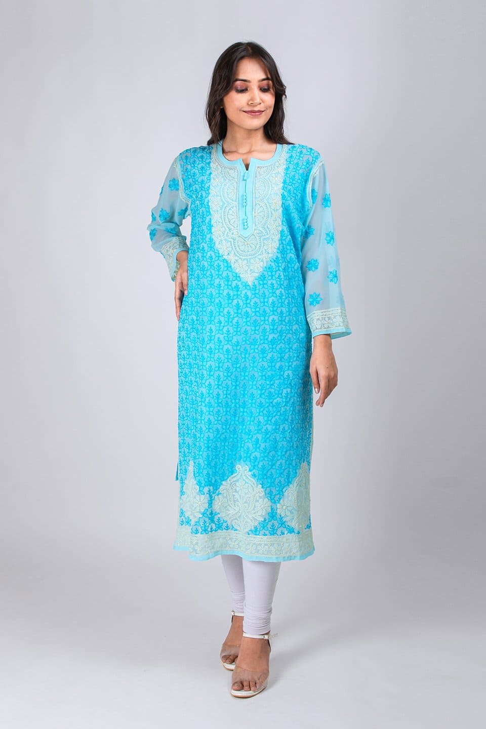 Lucknow Chikan Emporium Hand Chikankari Lucknowi Kurti (Light Ferozi Color) 