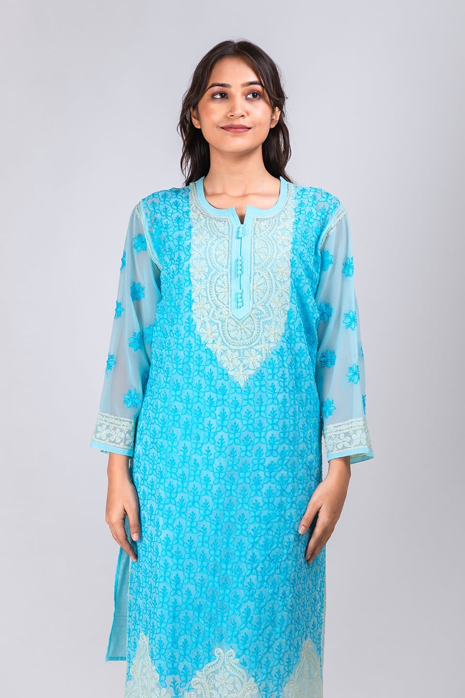 Lucknow Chikan Emporium Hand Chikankari Lucknowi Kurti (Light Ferozi Color) 