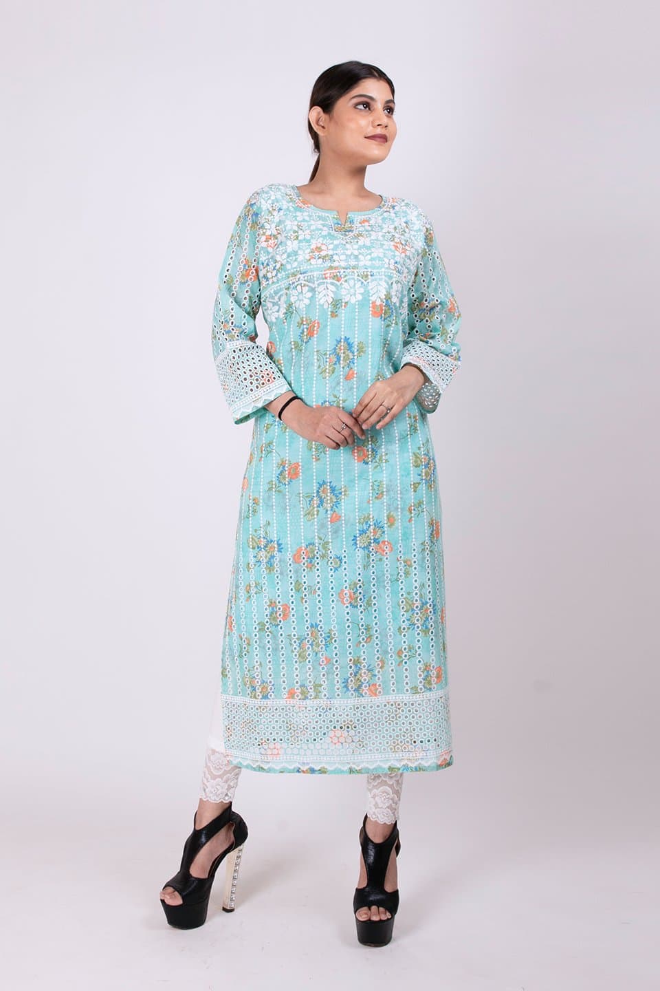 Lucknow Chikan Emporium Hand Chikankari Lucknowi Kurti (Light Sea Green Color) 