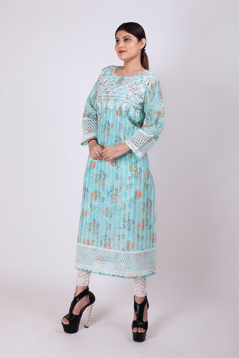 Lucknow Chikan Emporium Hand Chikankari Lucknowi Kurti (Light Sea Green Color) 