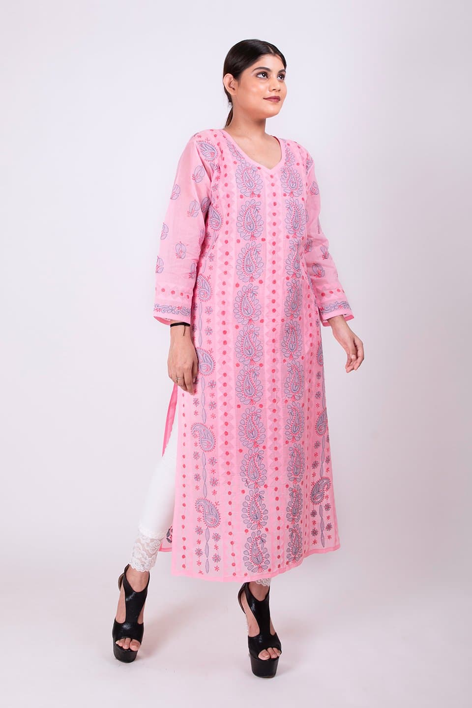 Lucknow Chikan Emporium Hand Chikankari Lucknowi Kurti (Pink Color) 