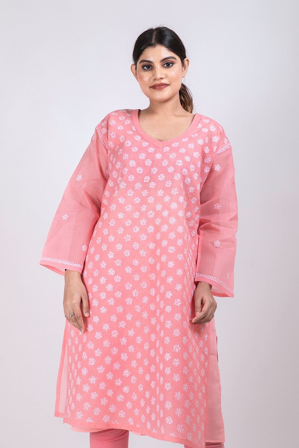 Lucknow Chikan Emporium Hand Chikankari Lucknowi Kurti (Pink Color) 