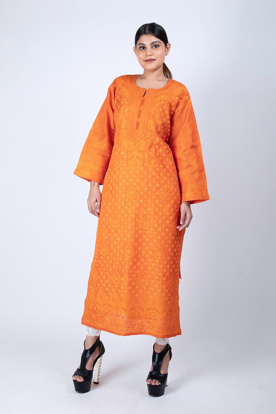 Lucknow Chikan Emporium Hand Chikankari Lucknowi Kurti (Rust Color) 