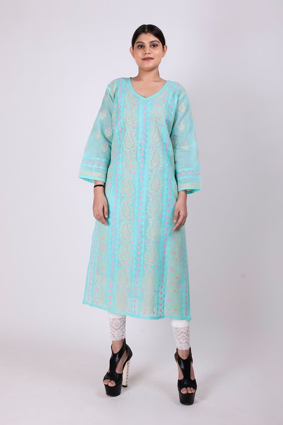 Lucknow Chikan Emporium Hand Chikankari Lucknowi Kurti (Sea Green Color) 