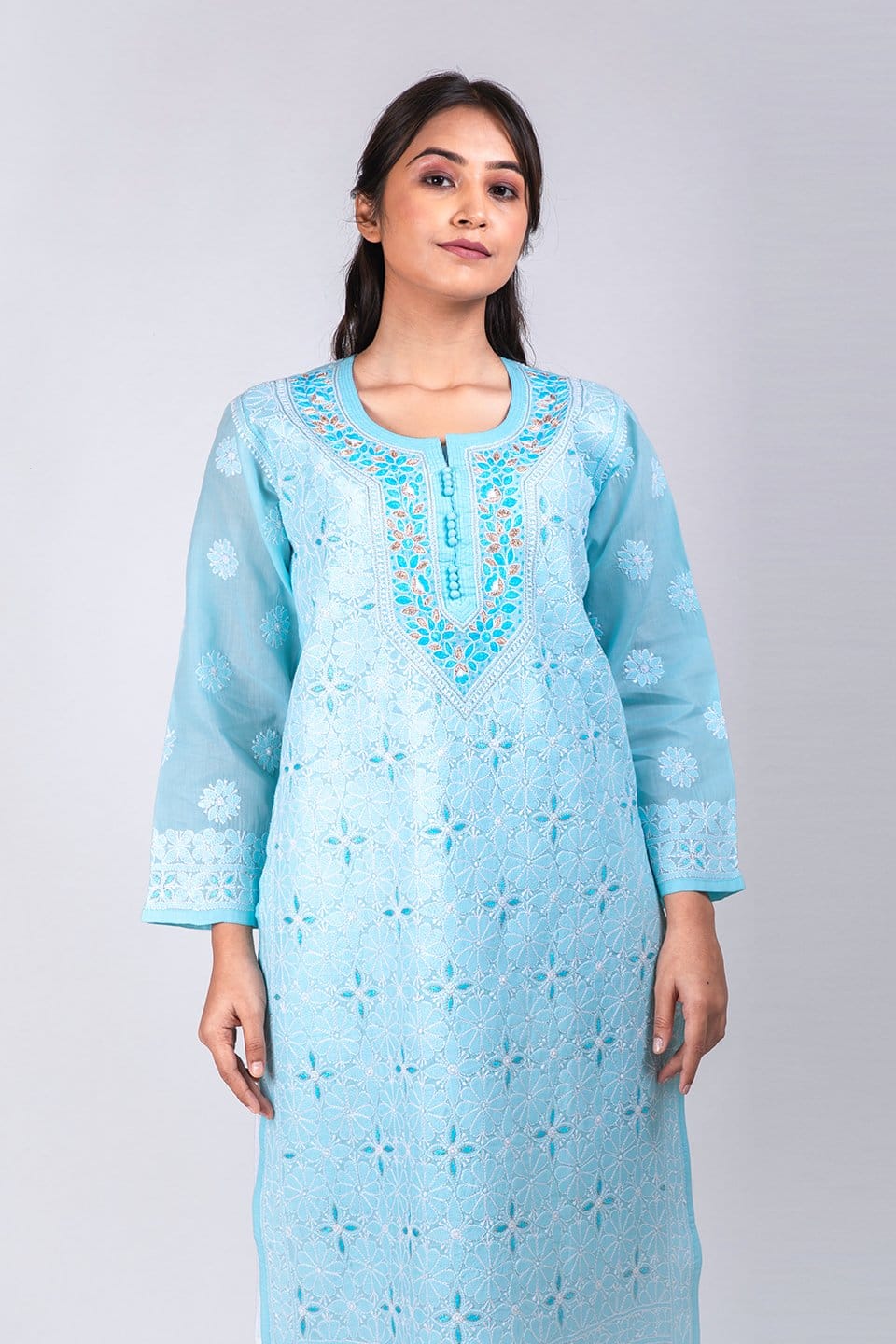 Lucknow Chikan Emporium Hand Chikankari Lucknowi Kurti (Sky Blue Color) 