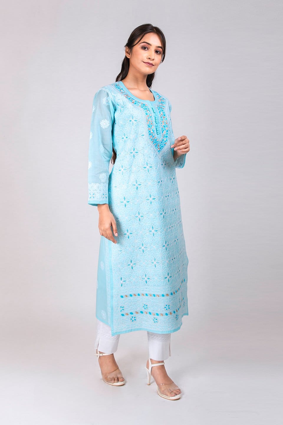 Lucknow Chikan Emporium Hand Chikankari Lucknowi Kurti (Sky Blue Color) 