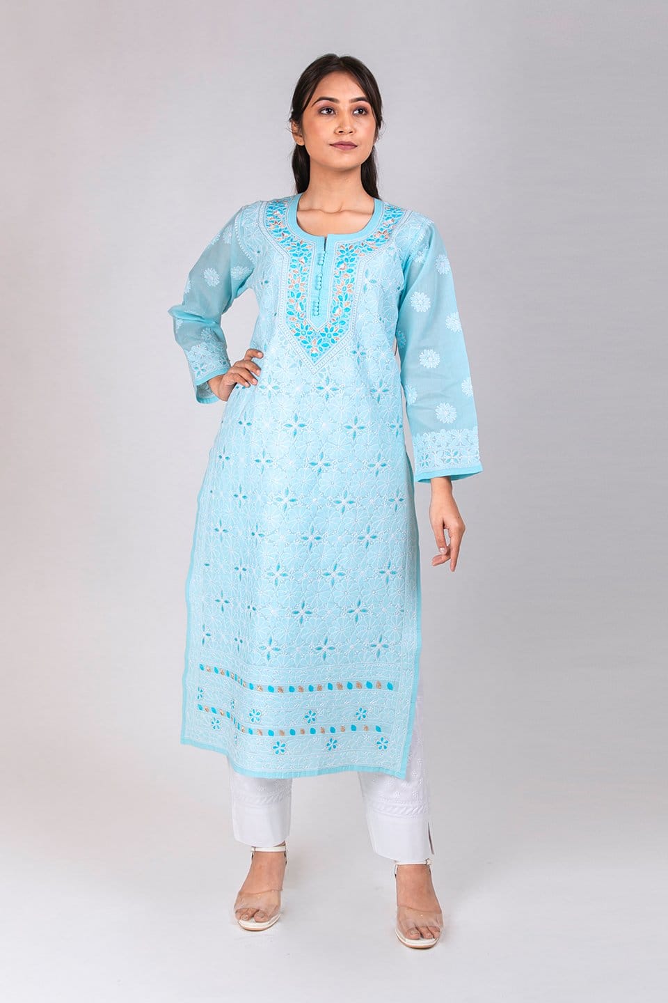 Lucknow Chikan Emporium Hand Chikankari Lucknowi Kurti (Sky Blue Color) 