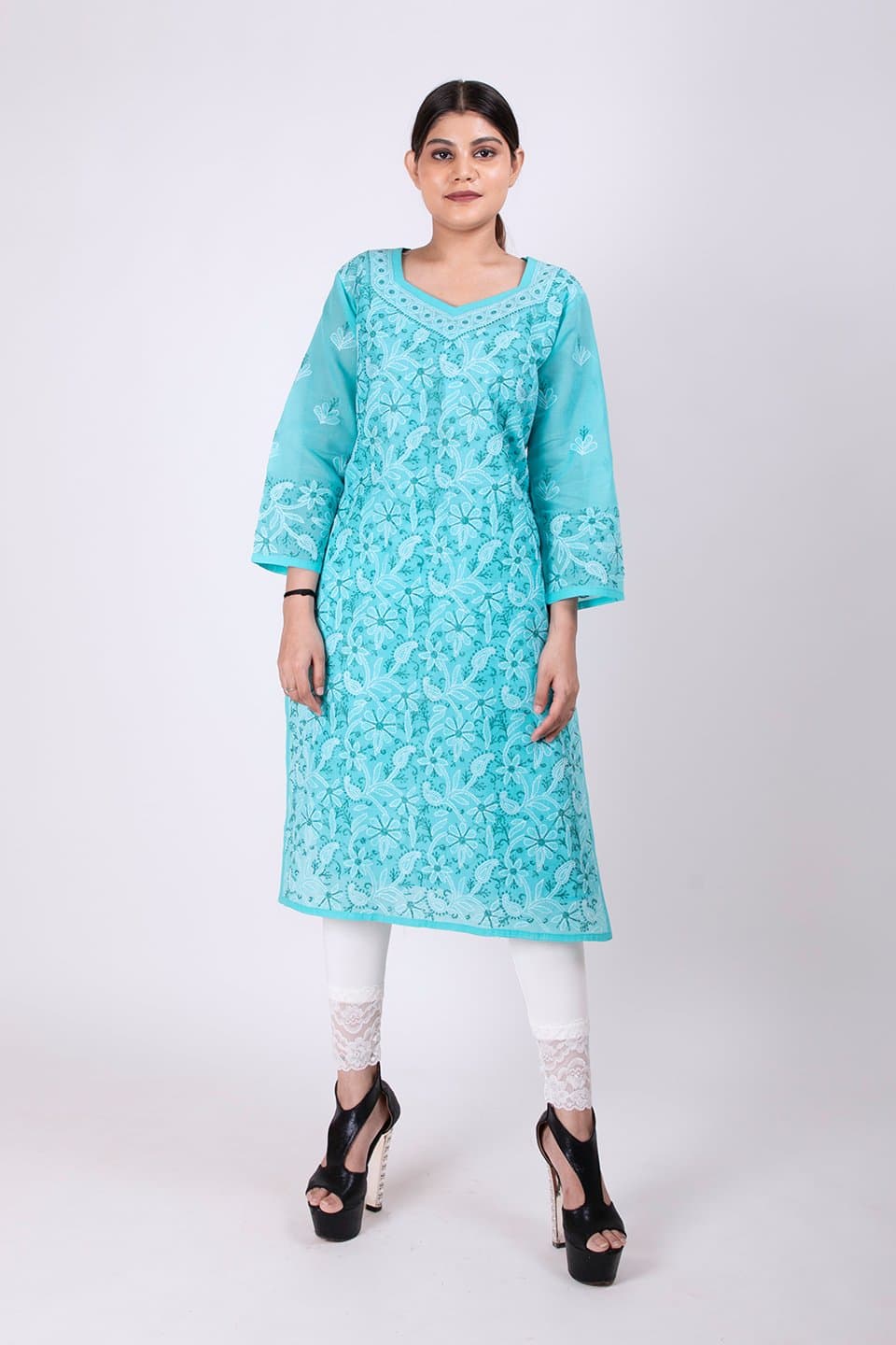 Lucknow Chikan Emporium Hand Chikankari Lucknowi Kurti (Turquoise Blue Color) 