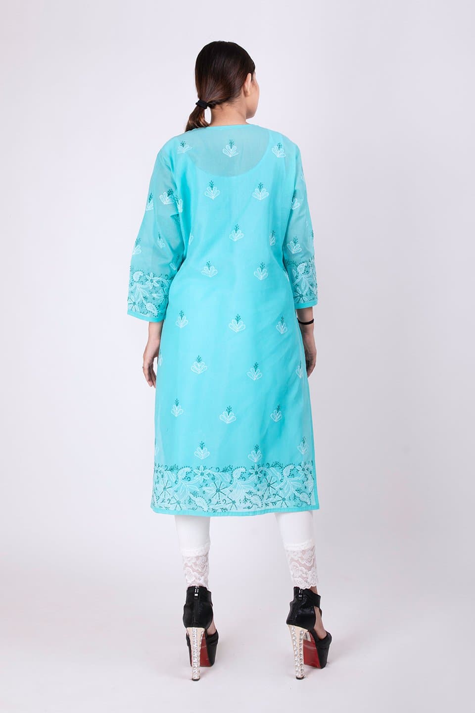 Lucknow Chikan Emporium Hand Chikankari Lucknowi Kurti (Turquoise Blue Color) 