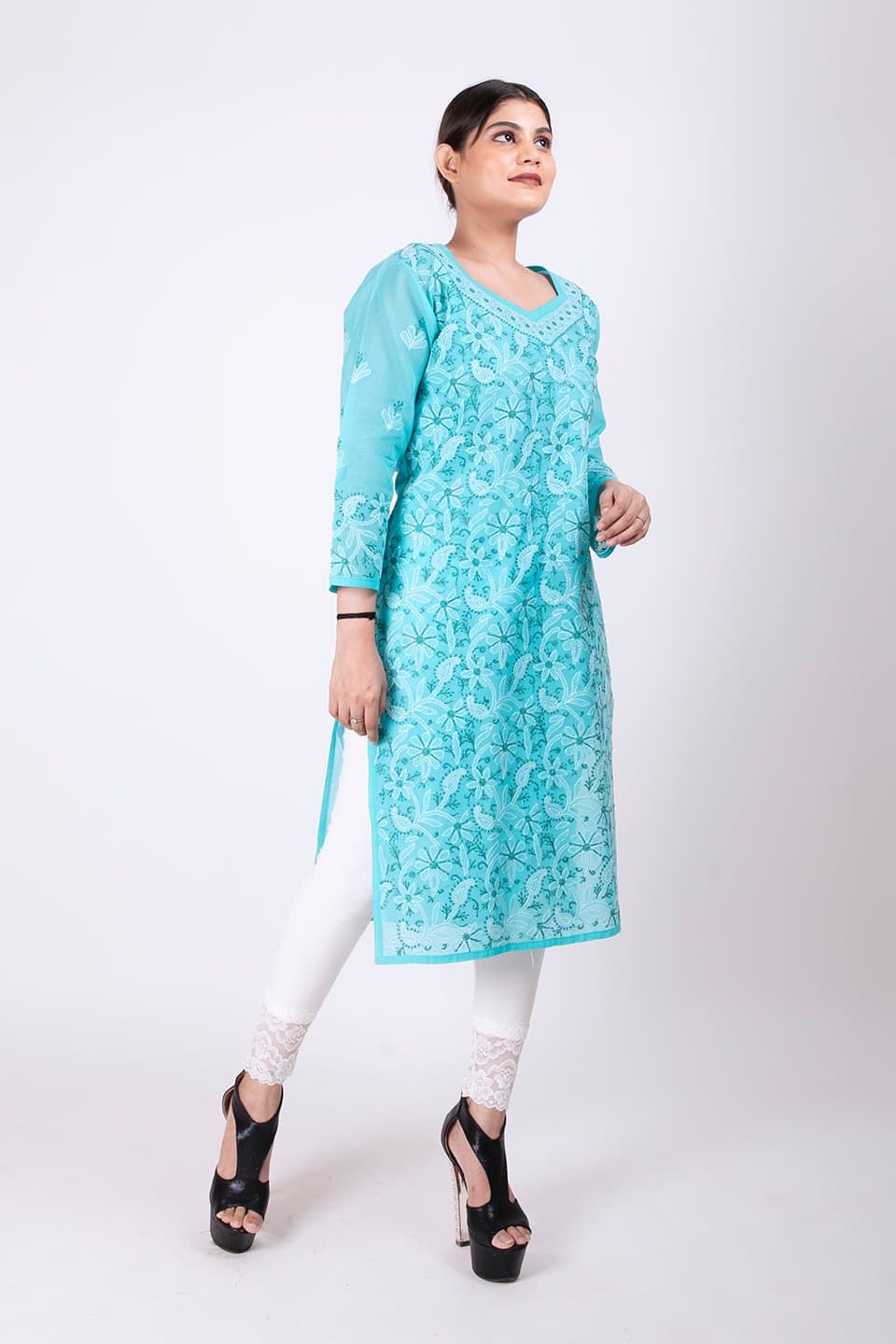Lucknow Chikan Emporium Hand Chikankari Lucknowi Kurti (Turquoise Blue Color) 