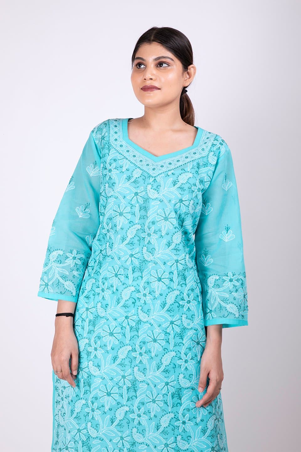 Lucknow Chikan Emporium Hand Chikankari Lucknowi Kurti (Turquoise Blue Color) 