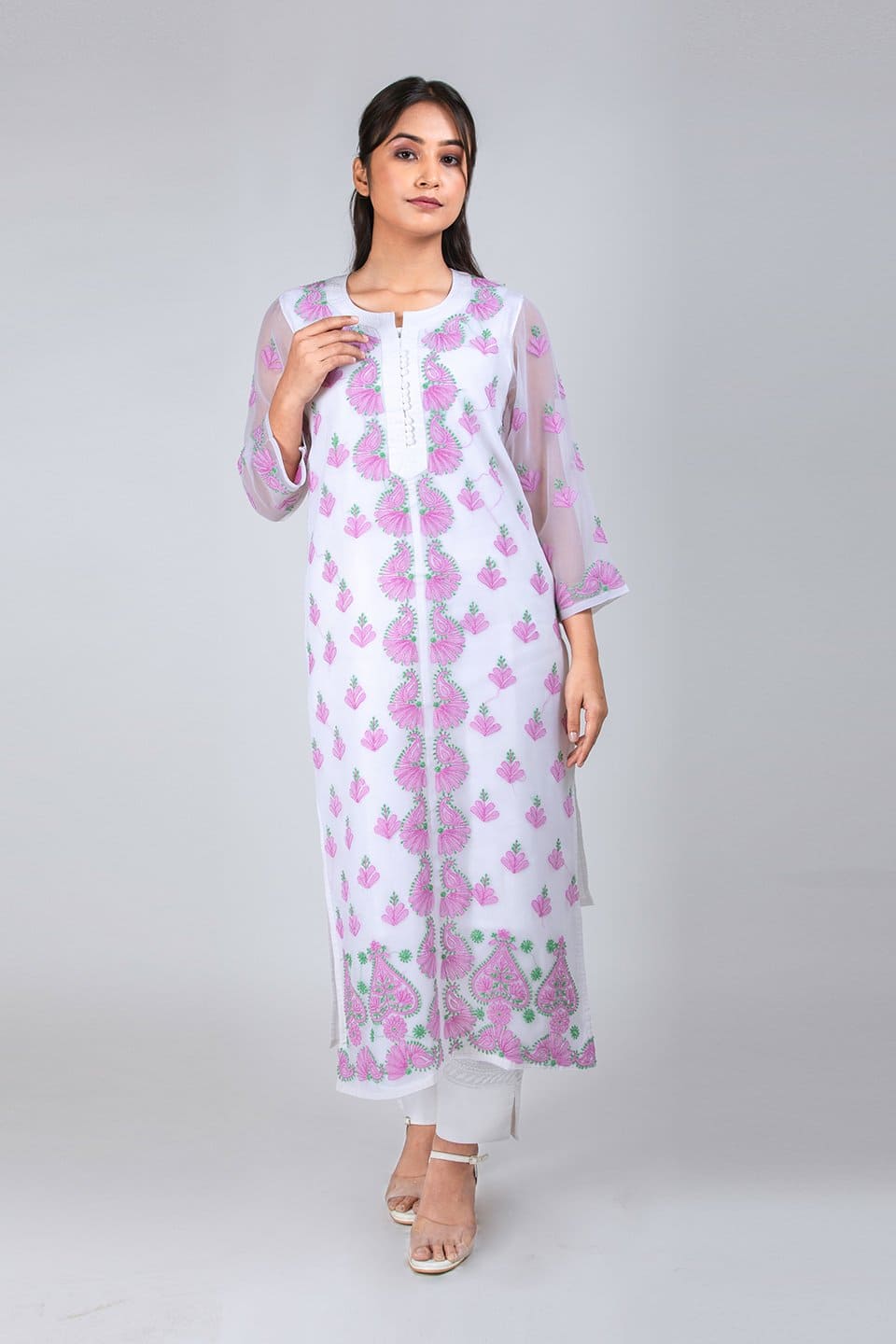 Lucknow Chikan Emporium Hand Chikankari Lucknowi Kurti (White Color) 