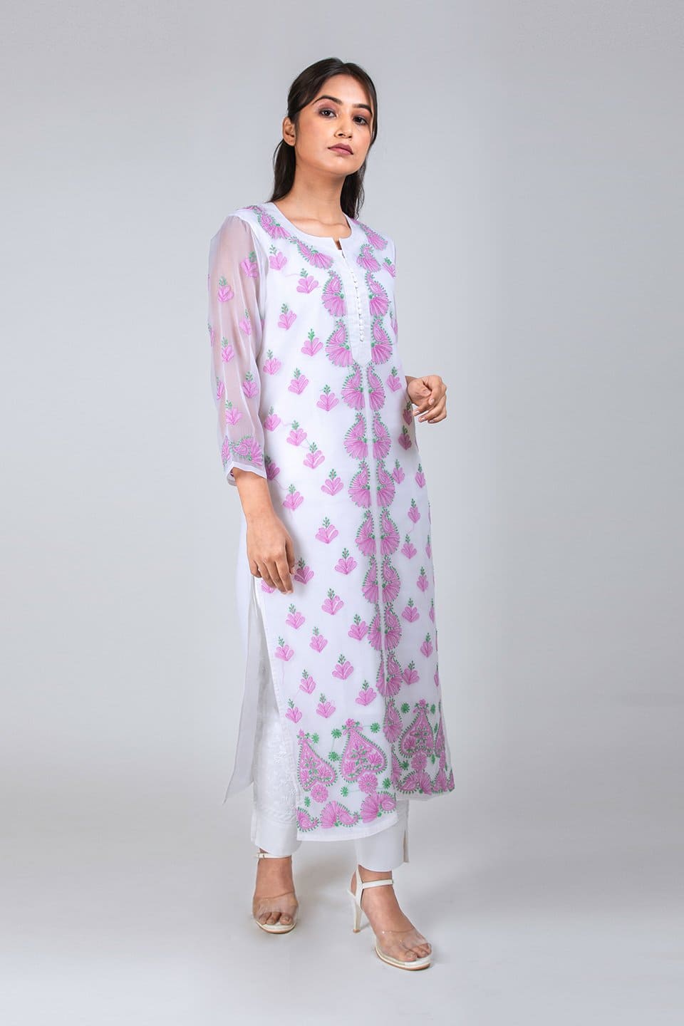 Lucknow Chikan Emporium Hand Chikankari Lucknowi Kurti (White Color) 