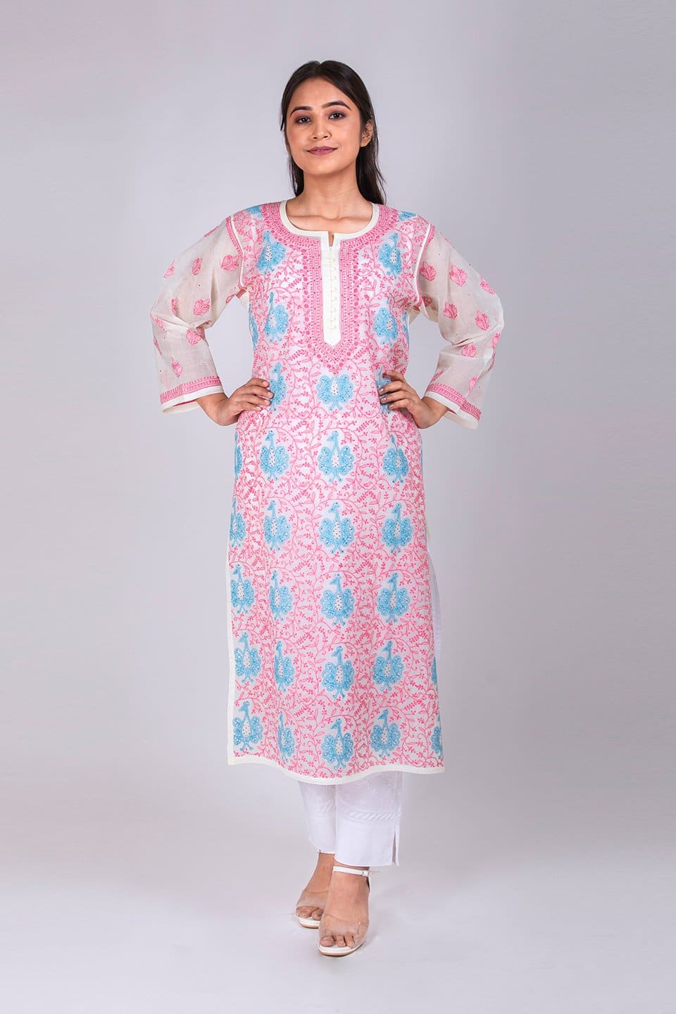 Lucknow Chikan Emporium Hand Chikankari Lucknowi Kurti (White Color) 