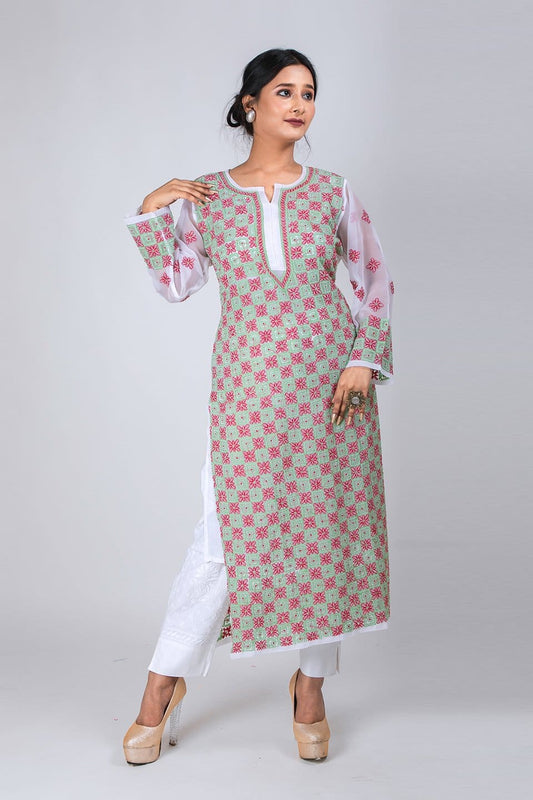 Lucknow Chikan Emporium Hand Chikankari Lucknowi Kurti (White) 