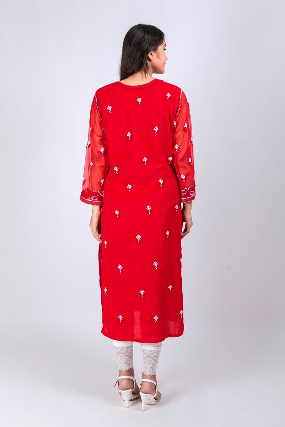 Lucknow Chikan Emporium Hand Chikankari Lucknowi Nice Semi Georgette  Kurti (Bright Red Color) 