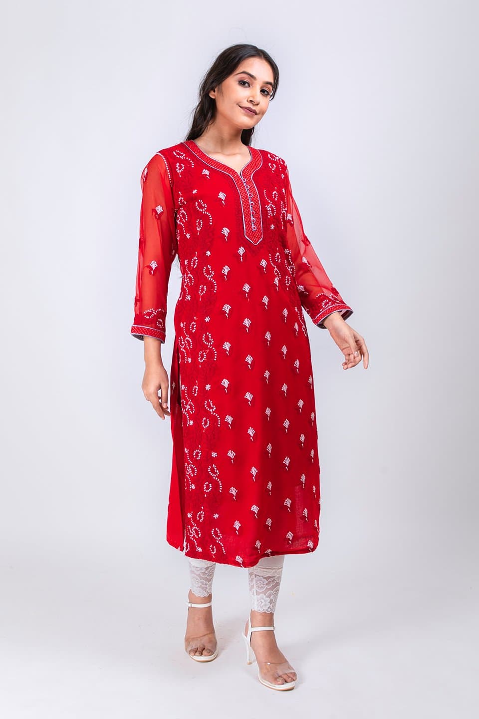 Lucknow Chikan Emporium Hand Chikankari Lucknowi Nice Semi Georgette  Kurti (Bright Red Color) 