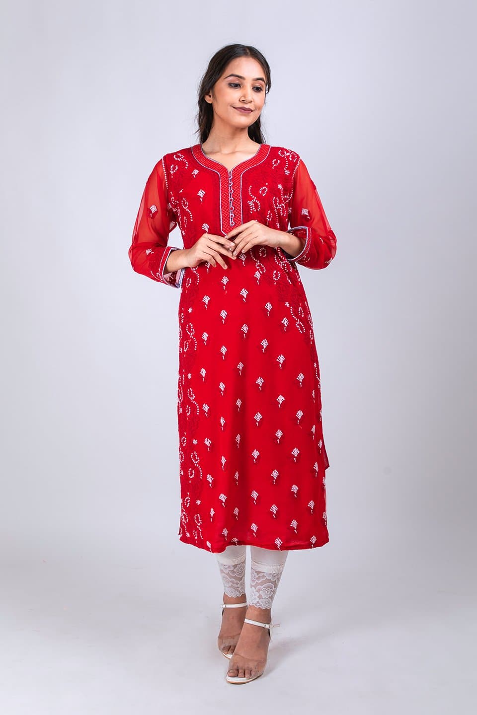 Lucknow Chikan Emporium Hand Chikankari Lucknowi Nice Semi Georgette  Kurti (Bright Red Color) 