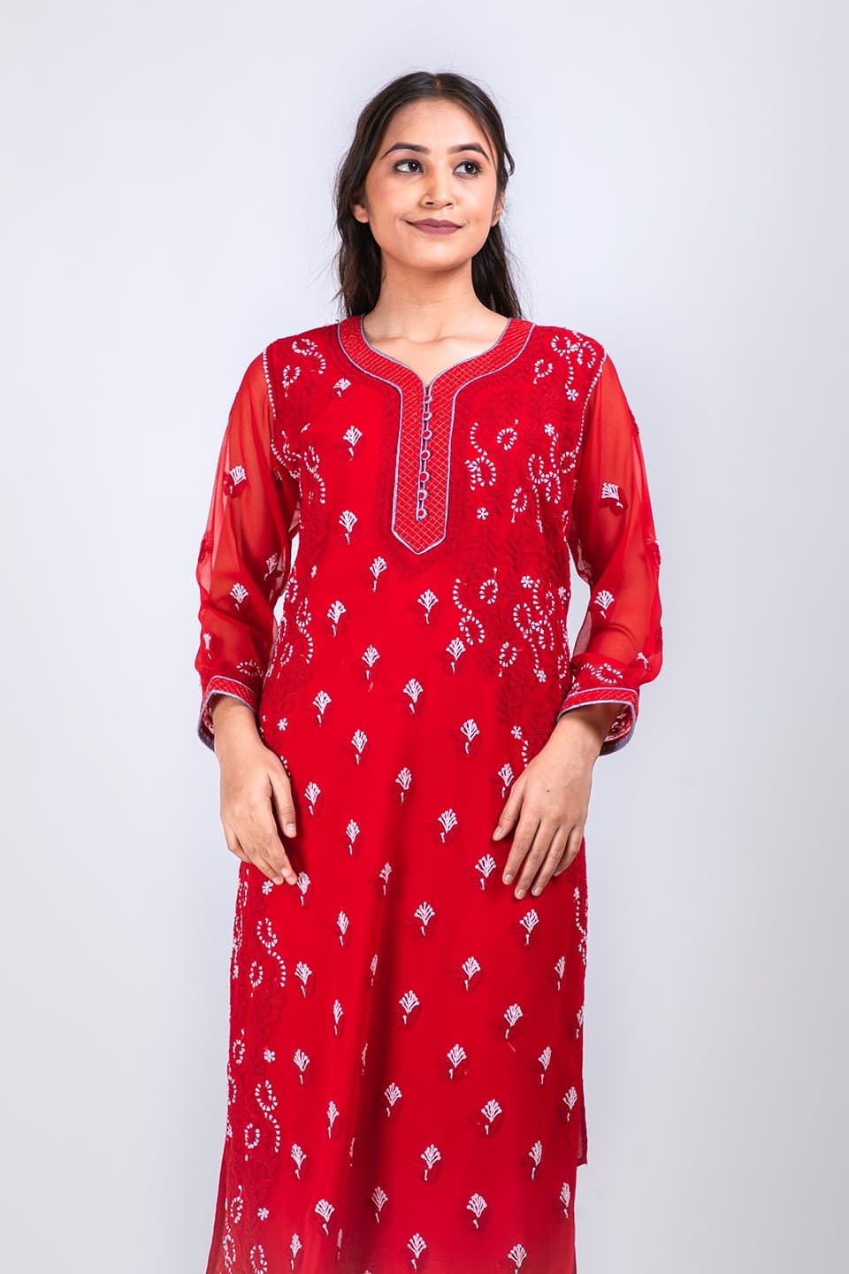 Lucknow Chikan Emporium Hand Chikankari Lucknowi Nice Semi Georgette  Kurti (Bright Red Color) 