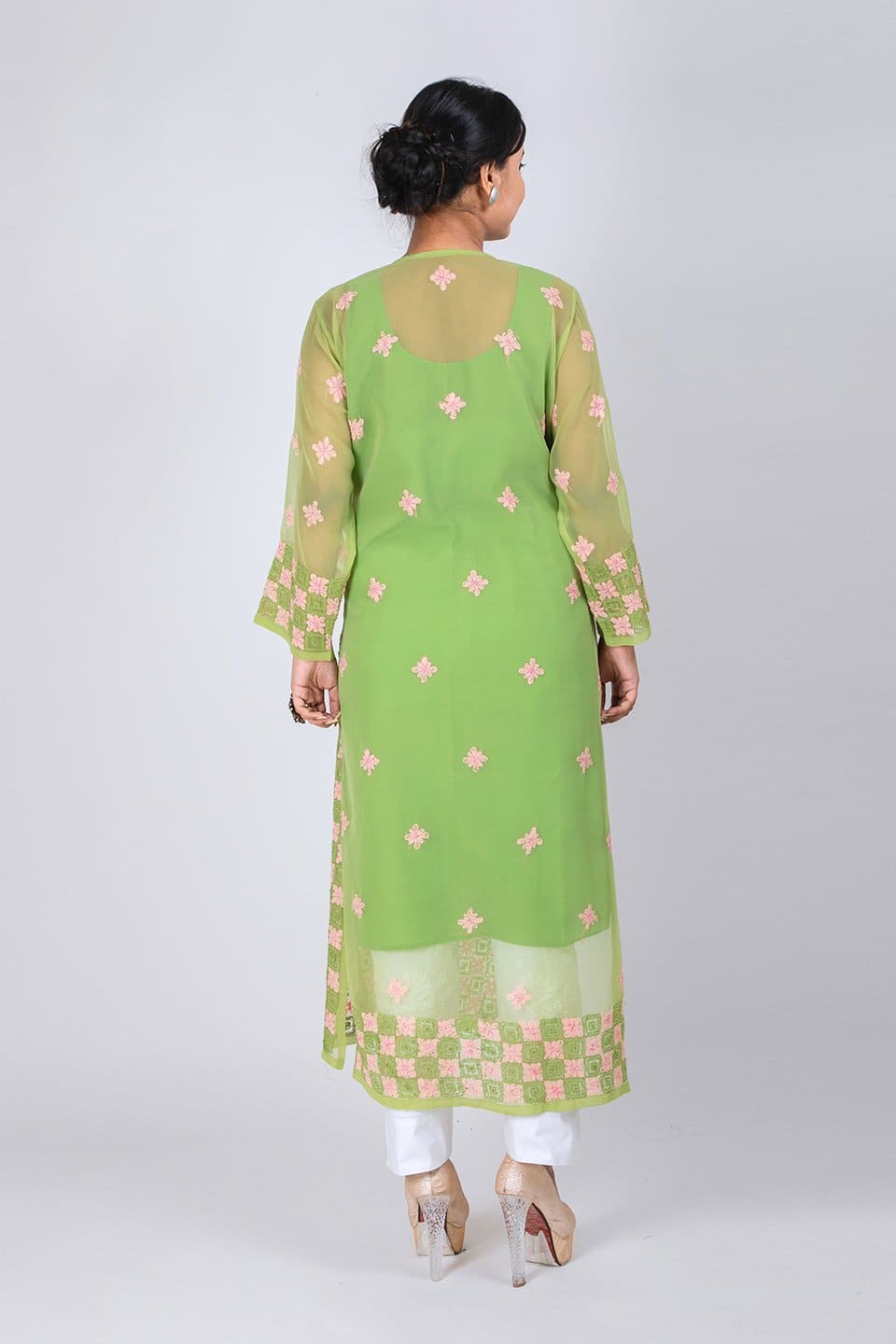 Lucknow Chikan Emporium Hand Chikankari Lucknowi Semi Georgette  Kurti (Black) 