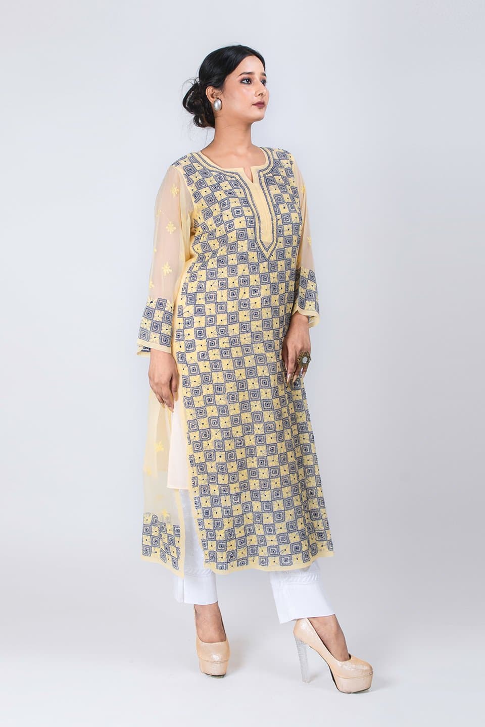 Lucknow Chikan Emporium Hand Chikankari Lucknowi Semi Georgette  Kurti (Exclusive Fawn Color) 