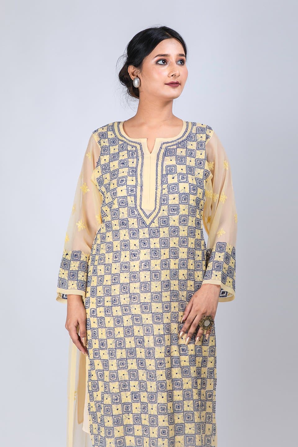 Lucknow Chikan Emporium Hand Chikankari Lucknowi Semi Georgette  Kurti (Exclusive Fawn Color) 