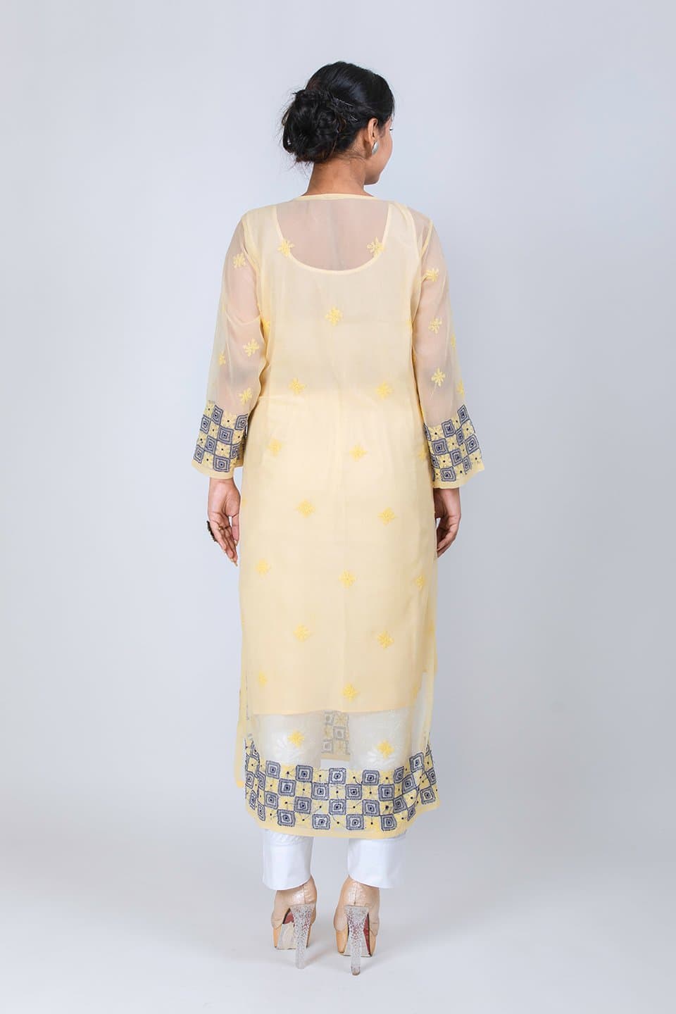 Lucknow Chikan Emporium Hand Chikankari Lucknowi Semi Georgette  Kurti (Exclusive Fawn Color) 