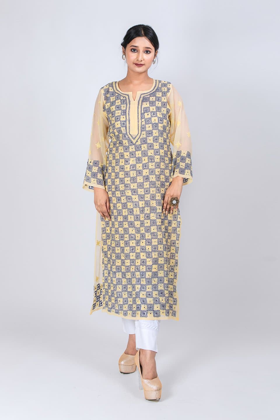 Lucknow Chikan Emporium Hand Chikankari Lucknowi Semi Georgette  Kurti (Exclusive Fawn Color) 