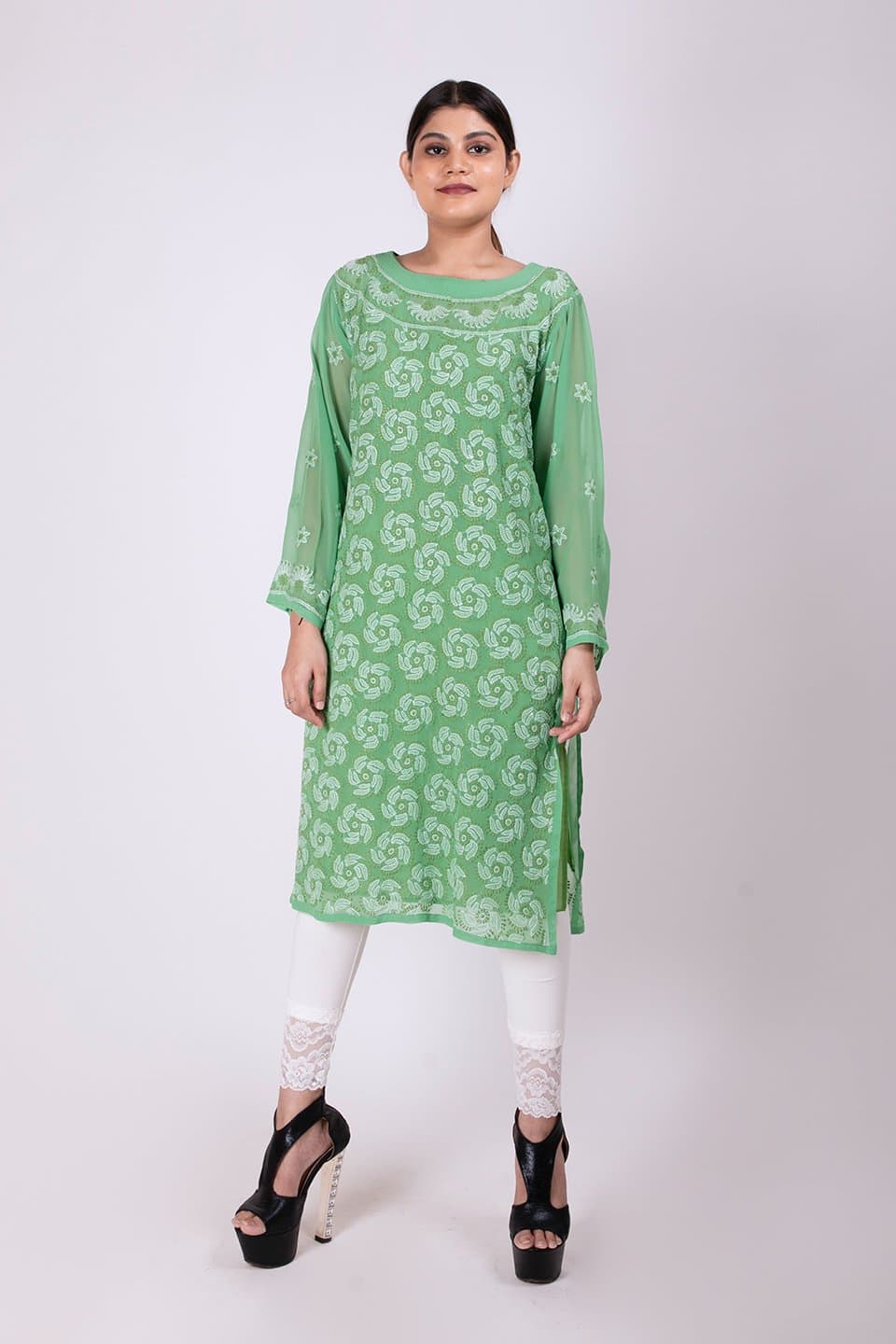 Lucknow Chikan Emporium Hand Chikankari Lucknowi Semi Georgette Kurti (Leaf Green Color) 