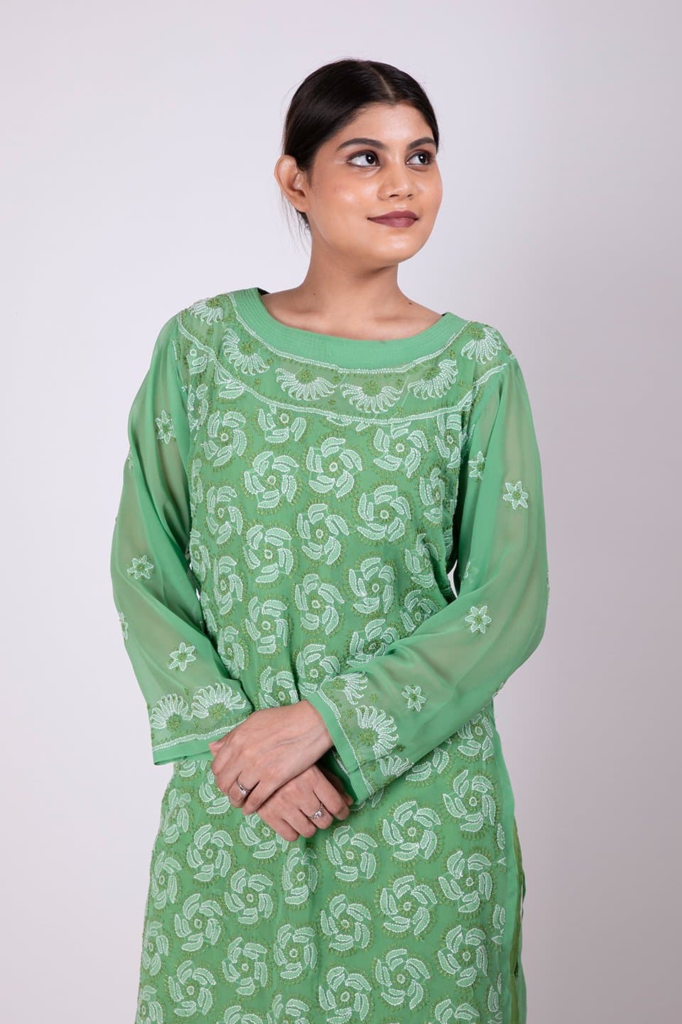 Lucknow Chikan Emporium Hand Chikankari Lucknowi Semi Georgette Kurti (Leaf Green Color) 