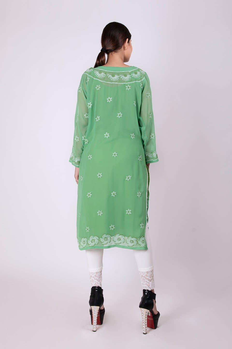 Lucknow Chikan Emporium Hand Chikankari Lucknowi Semi Georgette Kurti (Leaf Green Color) 