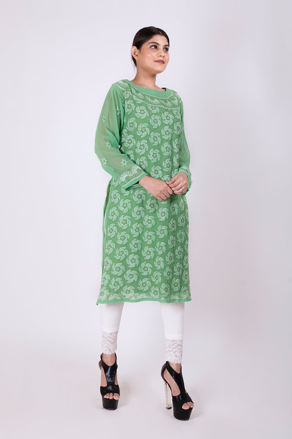Lucknow Chikan Emporium Hand Chikankari Lucknowi Semi Georgette Kurti (Leaf Green Color) 