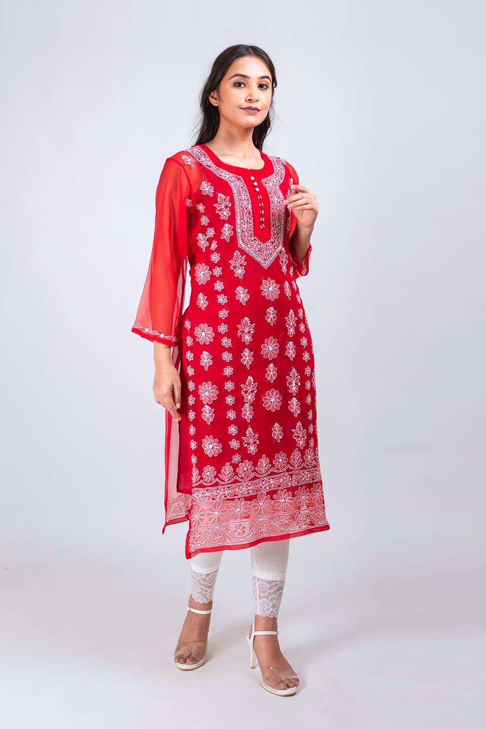 Lucknow Chikan Emporium Hand Chikankari Lucknowi Semi Georgette Kurti (Red Color) 