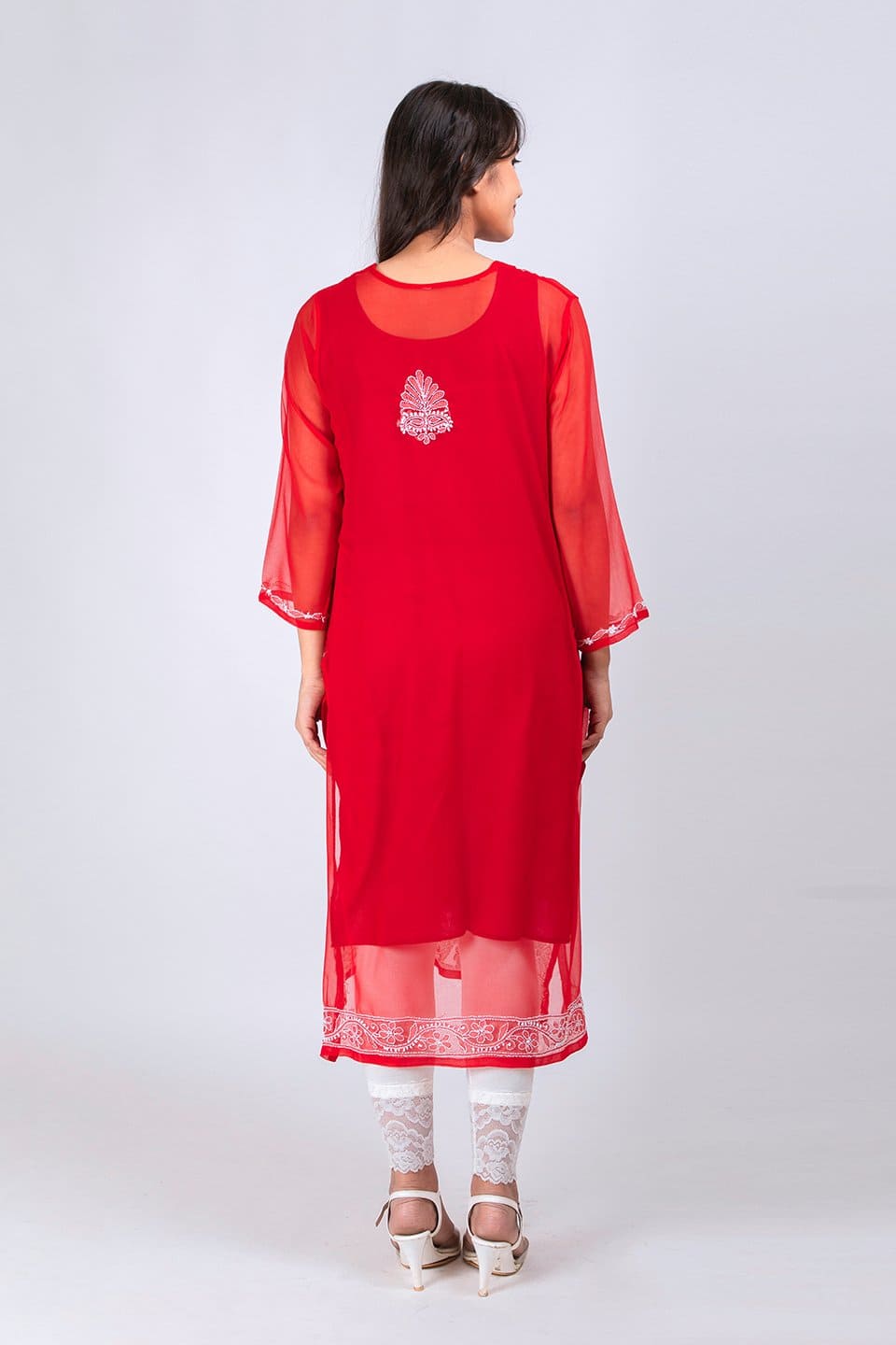 Lucknow Chikan Emporium Hand Chikankari Lucknowi Semi Georgette Kurti (Red Color) 