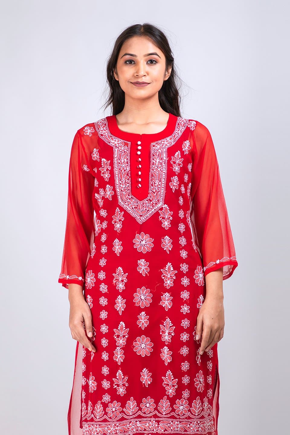 Lucknow Chikan Emporium Hand Chikankari Lucknowi Semi Georgette Kurti (Red Color) 