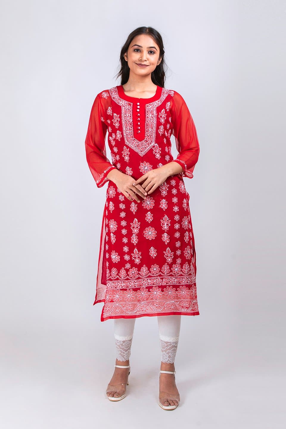 Lucknow Chikan Emporium Hand Chikankari Lucknowi Semi Georgette Kurti (Red Color) 