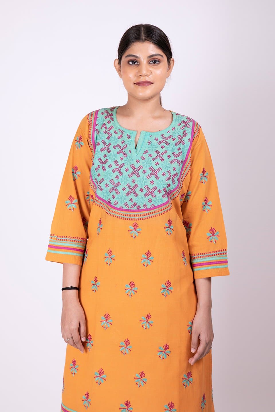 Lucknow Chikan Emporium Hand Chikankari Lucknowi  South Cotton Kurti (Dark Mustard Color) 