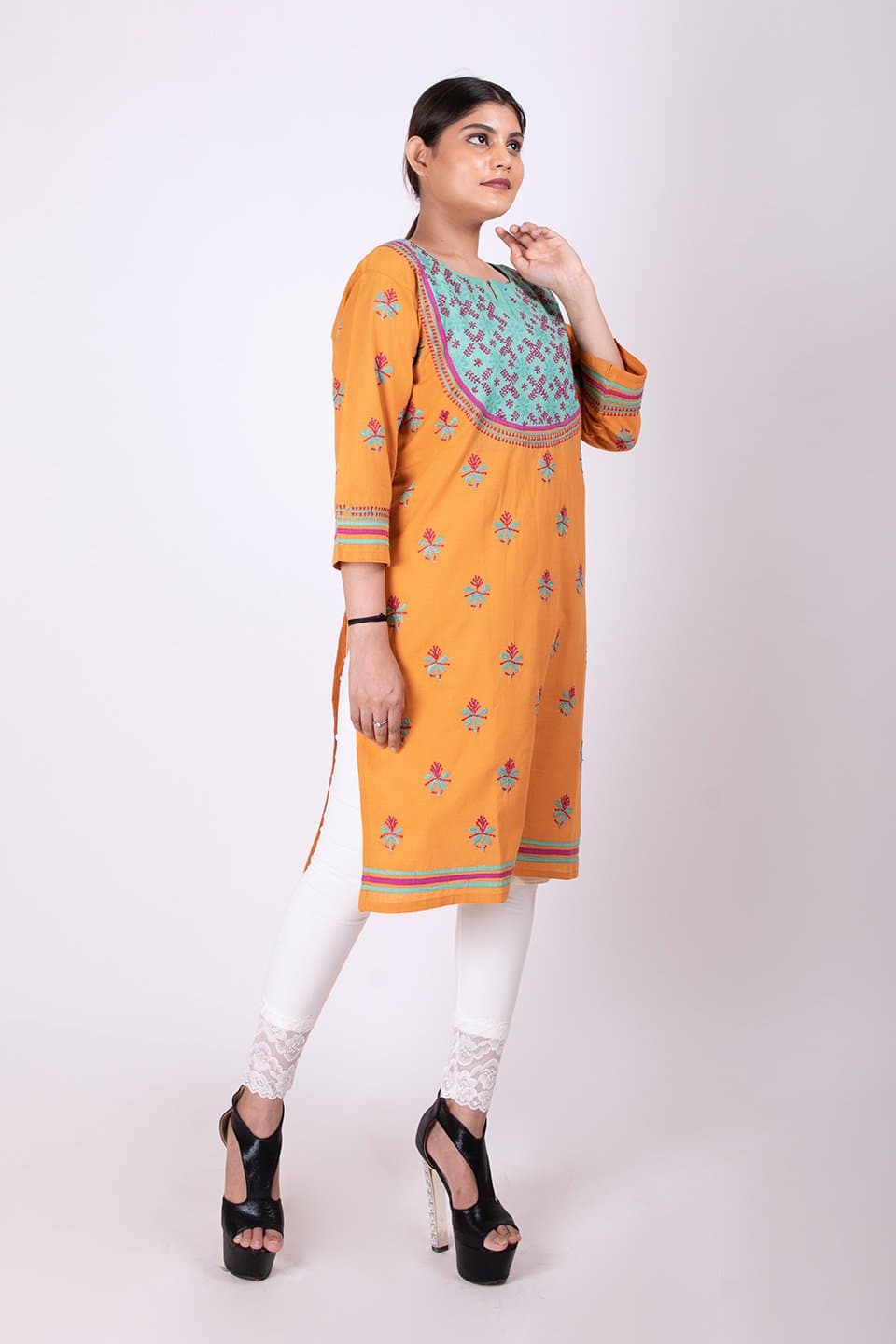 Lucknow Chikan Emporium Hand Chikankari Lucknowi  South Cotton Kurti (Dark Mustard Color) 