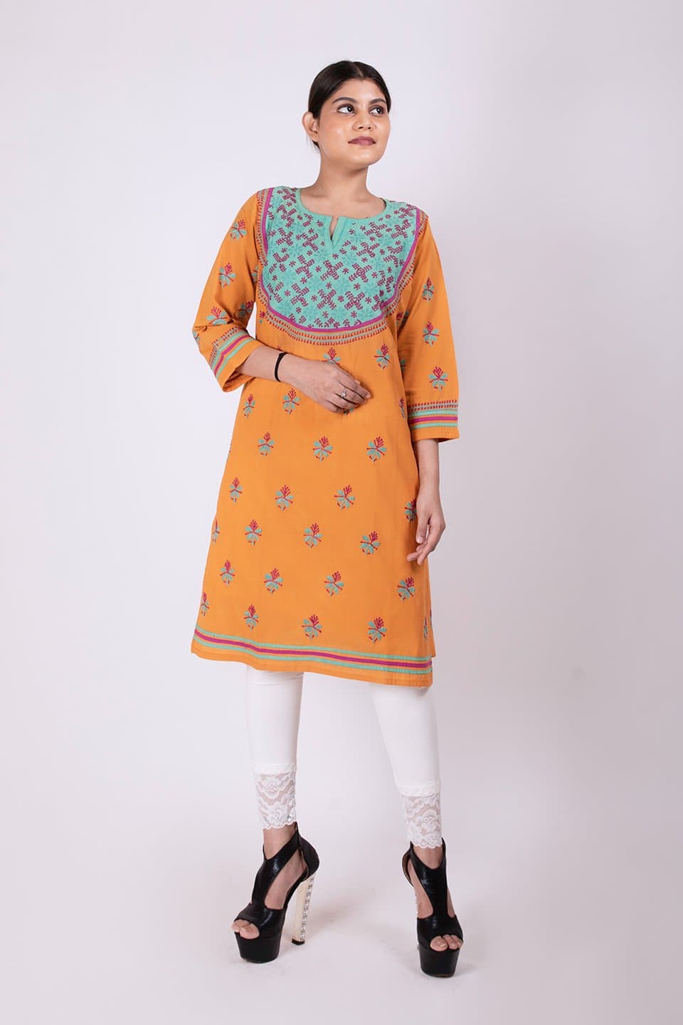 Lucknow Chikan Emporium Hand Chikankari Lucknowi  South Cotton Kurti (Dark Mustard Color) 
